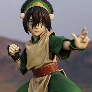 May include: A detailed figurine of a character from Avatar: The Last Airbender. The figure is wearing a green and tan outfit with a brown belt. The character has black hair, green eyes, and is posed in a fighting stance.