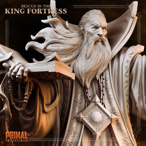 May include: A detailed, gray, 3D printed miniature of a wizard holding a book. The wizard has a long white beard and is wearing a robe with intricate details. The text "RESCUE IN THE KING FORTRESS" is visible at the top of the image.