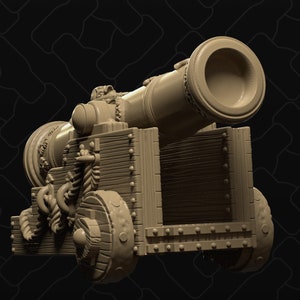 May include: A detailed 3D model of a cannon with wheels and a wooden base. The cannon is made of metal and has a dark brown colour. The model is labelled "CANNON A".