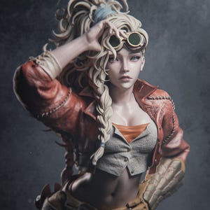 Puede incluir: Figura detallada de una mujer con largo cabello rubio trenzado, que lleva una chaqueta de cuero roja, gafas y un chaleco gris. La figura tiene una estética steampunk, con detalles intrincados en la ropa y los accesorios. La paleta de colores incluye tonos de rojo, marrón y gris.