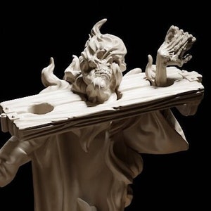 May include: A white ceramic sculpture of a figure trapped in a wooden pillory. The figure is depicted with a skeletal face and a flowing robe. The sculpture is a dramatic and haunting piece of art.