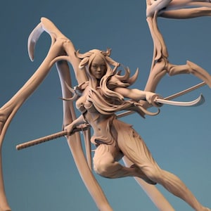 Puede incluir: Una miniatura impresa en 3D de una figura femenina con cabello largo y una espada, posada en el aire con grandes alas de araña. La figura está impresa en color marrón claro y está pre-soportada para una impresión fácil.