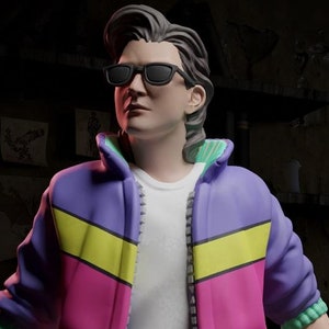 May include: A person wearing a purple, pink, yellow, and green jacket with a white shirt underneath. They are holding a black pipe in their right hand and wearing black sunglasses.