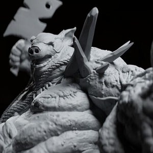 May include: A detailed, grey, 3D printed miniature of a monstrous creature with a pig-like head, holding a weapon. The creature is covered in textured details and appears to be in a battle pose.
