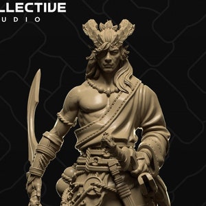 Puede incluir: Una figura en miniatura detallada de un guerrero con un tocado con cuernos, sosteniendo una espada y un escudo. La figura está pintada en color marrón claro y está de pie sobre una base redonda.