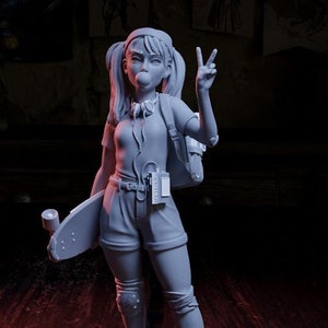 May include: A grey painted figurine of a girl with pigtails holding a skateboard and making a peace sign. The figurine is standing on a round base and is lit with red and blue light.
