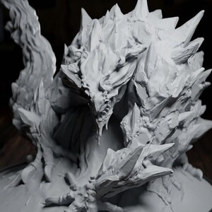 May include: A detailed, gray, 3D printed miniature of a dragon with a spiky, textured body and a curled tail. The dragon is posed in a defensive stance with its claws extended.