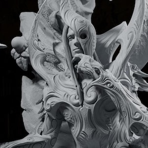 May include: A white, detailed, sculpted figure of a person with a staff, wearing intricate armour and a crown, sitting on a throne made of rock and vines.