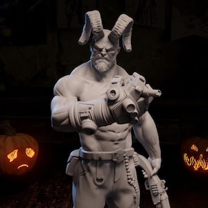 May include: A white, detailed figurine of a horned, muscular figure holding a weapon. The figure is standing on a round base. The figurine is surrounded by glowing jack-o'-lanterns.