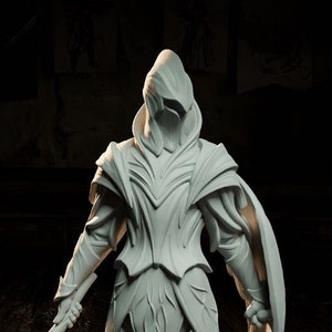 May include: A light-coloured figurine of a knight in full armour, holding a sword and shield. The knight stands on a circular base. A multi-sided die with a spade symbol is visible in the background. The armour has intricate leaf-like designs.