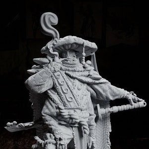 May include: A grey 3D printed figurine of a warrior wearing a detailed, layered outfit and a large hat with a mushroom-like top. The warrior holds a sword in one hand and stands on a round base.