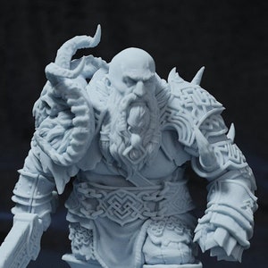 May include: A white 3D printed miniature of a dwarf warrior wearing armor and holding a sword. The dwarf has a beard and a fierce expression.