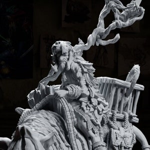 May include: A white painted figurine of a creature with a human-like figure riding a boar-like creature. The rider is wearing a horned helmet and a cloak. The boar has a saddle and a bridle.