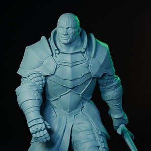 May include: A 3D printed miniature of a Goliath fighter, standing on a round base. The figure is wearing armor and holding a sword. The figure is painted in a light gray color. The text "Hightower, Goliath Fighter" is visible below the figure.