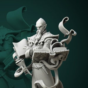 May include: A gray, detailed miniature sculpture of a wizard holding a book and standing on a stone base with candles. The wizard has a long beard and is wearing a robe with flowing fabric.