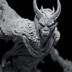 May include: A detailed grey sculpted figurine of a demon with horns and a skull-like mask. The demon is wearing a tattered cloak and appears to be in a menacing pose.
