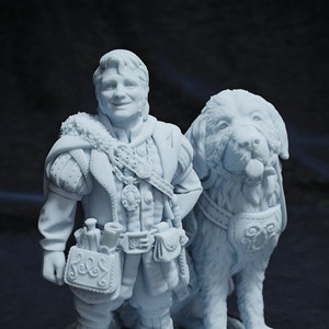 May include: A white 3D printed figurine of a man with a dog. The man is wearing a long-sleeved shirt, trousers, and a belt with a pouch. He is holding a scroll in his left hand. The dog is standing next to him and has a collar with a tag. The figurine is on a round base.