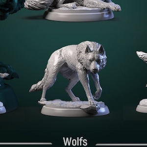 May include: Five grey wolf figurines in different poses, including standing, sitting, and running. The figurines are on circular bases and are made of a smooth, matte material. The word "Wolfs" is printed in black at the bottom of the image.