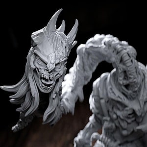 May include: A detailed, grey, 3D printed miniature of a monstrous creature with sharp, jagged edges and a detached head. The creature is posed in a dynamic stance, with its head held aloft, revealing a fierce expression.