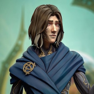 May include: A figure in a dark blue robe with gold detailing, holding a staff and a glowing orb. The staff has a gold curved top. The figure has brown hair and is set against a blurred background.