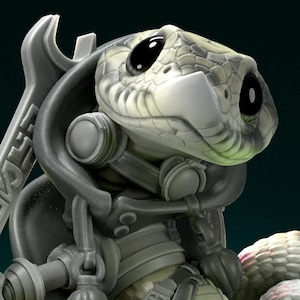 Könnte beinhalten: Eine kleine, graue, schlangenartige Kreatur mit großen Augen und einem Schraubenschlüssel. Die Kreatur trägt einen schwarzen Umhang und hat einen mechanischen Arm. Die Kreatur sitzt auf einer grünen Oberfläche. Der Text "Pepunki Creatures" ist im Bild sichtbar.