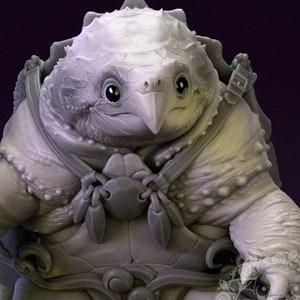 Puede incluir: Una criatura gris que parece una tortuga con una boca en forma de pico, que lleva una armadura y sostiene una caña de pescar. La criatura tiene un caparazón grande y redondo y está de pie sobre una superficie gris. El texto "Pepunki Creatures" es visible en la imagen.