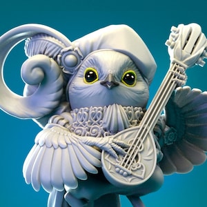 May include: A white ceramic figurine of a bird playing a lute. The bird is wearing a hat and has a detailed design. The figurine is sitting on a pedestal.