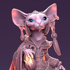 May include: A grey, 3D printed figurine of a cat-like creature wearing a robe and holding a lantern. The creature has large ears, blue eyes, and a long tail. The figurine is standing on a red surface. "Pepunki Creatures" is written on the base of the figurine.