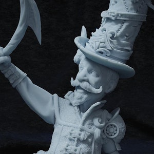 May include: A light grey figurine of a man with a large moustache and a tall hat. He wears a vest and trousers, holding a whip and a curved blade. The figure stands on a wooden platform, with intricate details on the clothing and hat.
