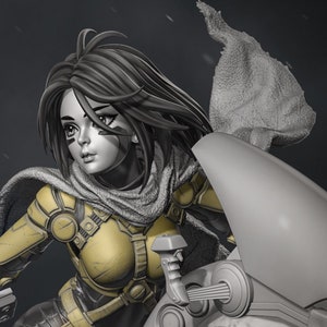 May include: A gray and black motorcycle with a female figure in a yellow and black outfit riding it. The figure has black hair and is wearing a gray scarf. The motorcycle has a large, round wheel in the front and a smaller wheel in the back.