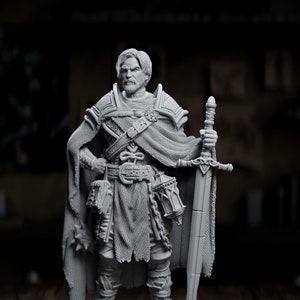 May include: A grey painted miniature figurine of a man wearing a cloak and holding a sword. The figurine is standing on a round base. A yellow 20-sided die is in the foreground.