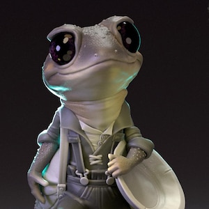 Puede incluir: Una pequeña figura de rana gris que lleva un chaleco marrón y tirantes, sosteniendo un plato blanco. La rana tiene ojos grandes y negros y una expresión amigable. La figura está de pie sobre una superficie oscura con el texto "Pepunki Creatures" visible en el fondo.