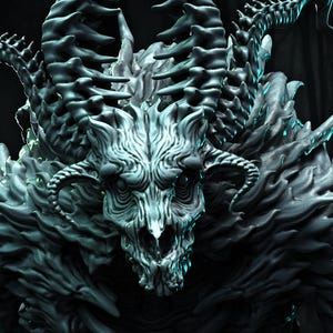 May include: A detailed, grey sculpture of a demonic figure with large horns, a skeletal face, and a textured, layered body. The sculpture has a menacing appearance, with the initials "NS" in white in the upper right corner.