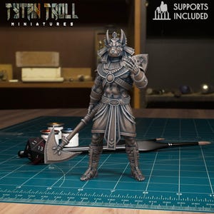 Puede incluir: Miniatura detallada de una figura similar a Anubis, sosteniendo un hacha de guerra y un escudo. La figura está en posición de pie, con una armadura intrincada y una cabeza de perro. La miniatura es gris y parece estar impresa en 3D. El texto "SUPPORTS INCLUDED" es visible.