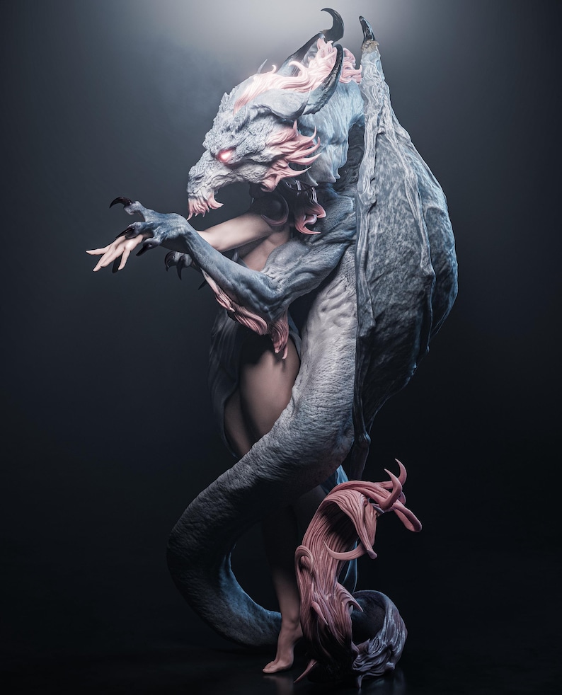 3D printed resin garage kit figure of Dragon Lady by Tattles Told 3D, showcasing detailed design and craftsmanship.