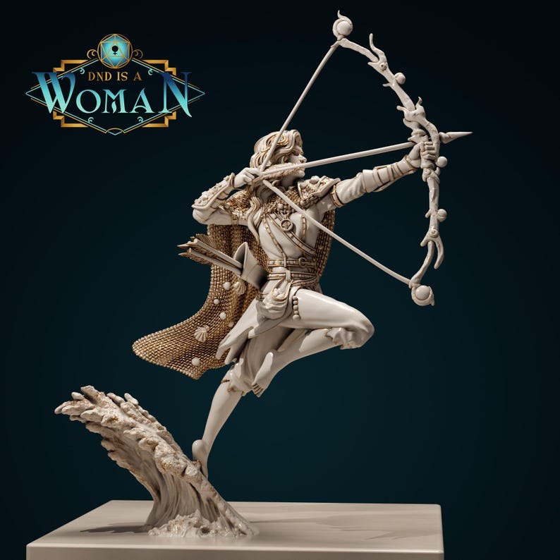 Water Genasi Ranger Laine fantasy archer miniature in unpainted grey resin for Dungeons & Dragons 5e, Pathfinder, and RPG painting. A female elemental hunter leaps from a cresting wave, balancing on one bare foot with the other knee raised while drawing a branch-shaped longbow. Flowing wavy hair, decorated shoulder armor, belted tunic, quiver of arrows, and a textured billowing cloak with bead-like accents complete the dynamic sculpt. Designed by DnD Is A Woman. No separate base included.
