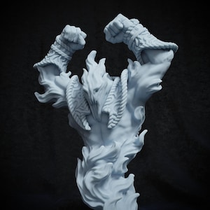 May include: A white 3D printed miniature of a humanoid figure engulfed in flames, with a skeletal mask and rope-like details. The figure is posed with arms raised in a defiant gesture.