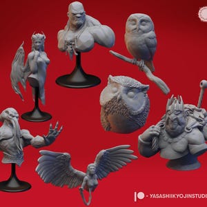 Bust Collection | Deva, Goblin King, Mind Flayer, Northern Saw Whet Owl, Owlbear Cub, Stone Giant, Succubus | Yasashii Kyojin Studio