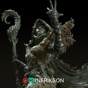 May include: A detailed, bronze-coloured statue of a cloaked figure with a staff. The figure has a hood pulled over their head, and their face is partially obscured by the hood. The staff is made of a twisted, organic material and has a curved top.