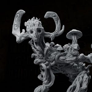 May include: A white ceramic sculpture of a tree-like creature with intricate details and mushrooms growing from its branches.