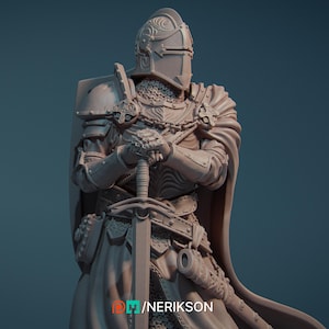 May include: A detailed, gray, 3D printed miniature of a knight in full armor, holding a sword and wearing a helmet with intricate designs. The knight is standing with his arms crossed and is wearing a cloak.