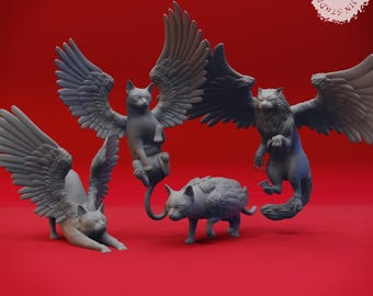 Tressym, Winged Cat Wizard Familiar | Tabletop Scale | D&D Ttrpg Monster Miniature | Yasashii Kyojin Studio | 3D Print