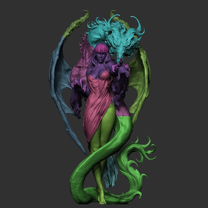 3D printed resin garage kit figure of Dragon Lady by Tattles Told 3D, featuring detailed dragon-inspired design and vibrant colors.