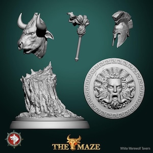 May include: A set of 3D printed miniature figurines, including a bull's head, a torch, a helmet, a tree stump, and a shield with a face. The shield has a Greek key border and a face with a beard and open mouth.