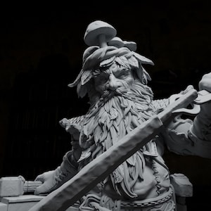 May include: A detailed sculpture of a bearded, gnome-like figure wearing a mushroom cap and holding a sword. The figure is sculpted in a realistic style, with intricate details in the beard, clothing, and sword.