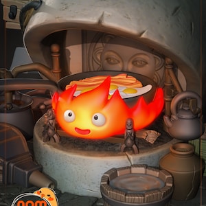 May include: A small, orange and red fire spirit with a smiling face sits on a stone base. The spirit is cooking bacon and eggs in a pan. There are two small wooden figures on either side of the spirit. The base is decorated with a wooden bucket and a clay pot. The text "nom nom figures" is visible in the lower left corner of the image.