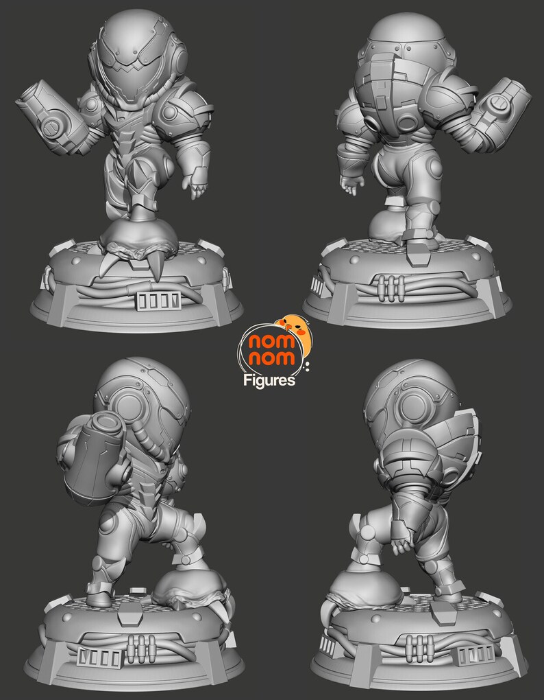 May include: A 3D printed model of a video game character, Samus Aran from Metroid, in a chibi style. The model is posed in a dynamic action pose, holding a weapon. The model is printed in gray plastic and is set on a base with a textured surface.