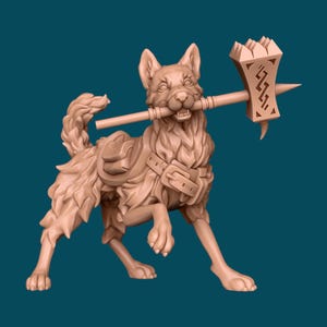 May include: A brown, furry dog figurine with a warrior-like pose, holding a large hammer in its mouth. The dog is wearing a leather harness and has a fierce expression.