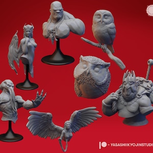 May include: A collection of gray 3D-printed busts, including a muscular figure, a winged woman, an owl perched on a branch, and a creature with tentacles. The busts are displayed on black stands against a red background. The image includes the text "YASASHIIKYOJINSTUDIO".