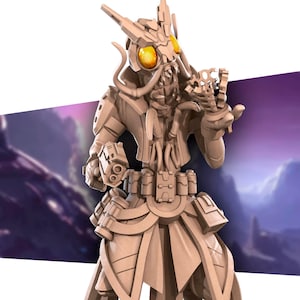 May include: A detailed 3D printed miniature of a humanoid figure with insect-like features. The figure is wearing a long, flowing robe and has a large, segmented head with glowing yellow eyes. The figure is holding a weapon in one hand and a device in the other.